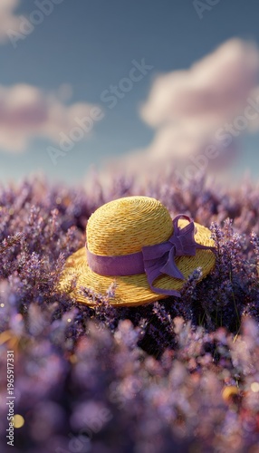 Yellow hat with purple ribbon resting in a field of lavender flowers