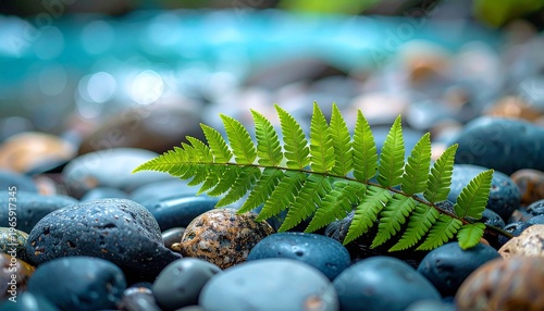 Green Fern Leaf Resting on Smooth Black River Stones with Turquoise Water Bokeh Background, Serene Zen Nature Scene for peaceful Branding with Soft Natural Light