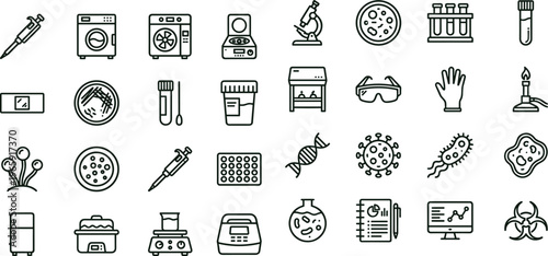 Medical laboratory research line icon set for diagnostics science equipment healthcare interface symbols vector collection educational and clinical applications