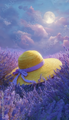 Yellow sun hat rests amidst lavender field under moonlit sky