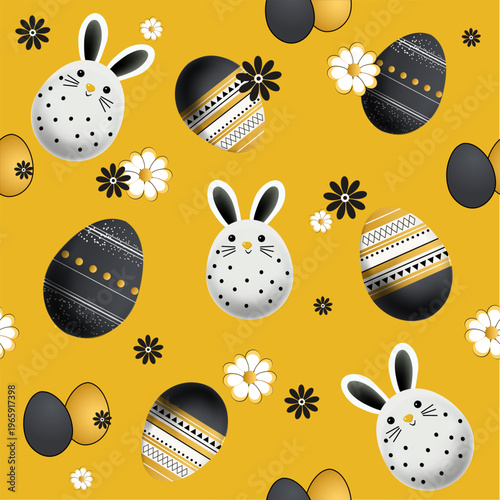 Seamless Easter pattern. Rabbits, eggs and flowers on a yellow background