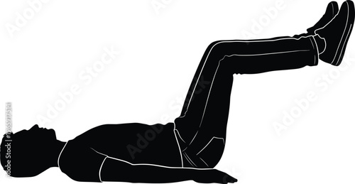 Silhouette of a Man Lying on His Back Performing Leg Lifts Core Strength Exercise Routine for Fitness Health and Wellness