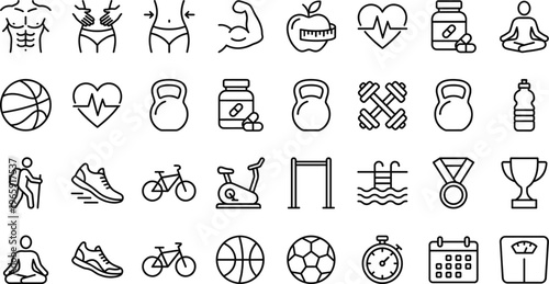 Fitness and Health Line Icon Set Featuring Workout, Exercise, Nutrition, Weight Loss, Sports Activities, and Wellness Elements for Gym and Healthcare UI Design