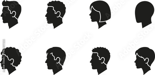 Set of Diverse Human Head Profile Silhouettes Featuring Various Hairstyles and Textures for User Avatars Gender Neutral Identity and Beauty Symbols