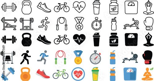 Fitness and Gym Icon Set Featuring Workout Equipment, Exercise, Cardio, Strength Training, Nutrition, and Healthy Lifestyle Elements for Sports and UI Design