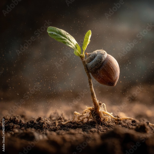 Young oak sprout emerging from acorn seedling nature concept