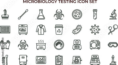 Microbiology testing laboratory line icon set for bacteria virus research diagnostics healthcare science interface vector collection educational applications