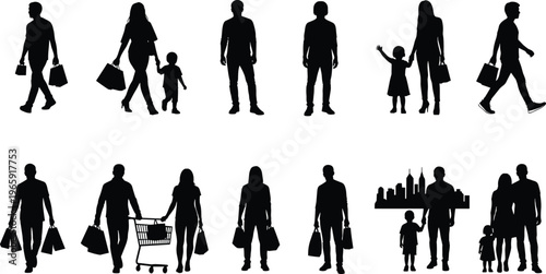 Silhouettes of People and Families Shopping Carrying Bags and Pushing Carts Against a White Background for Retail and Lifestyle Design