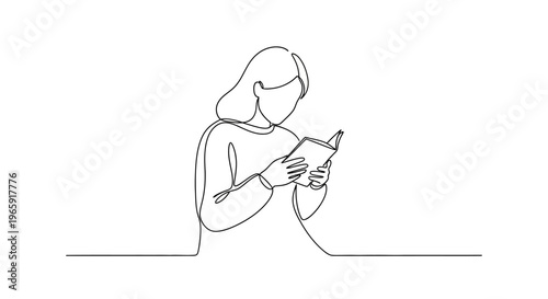 Minimalist line art of a person reading a book, simple and elegant illustration.