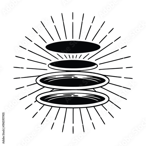Black sunburst disk icons, vector solar flares, abstract light rays, circular graphic elements