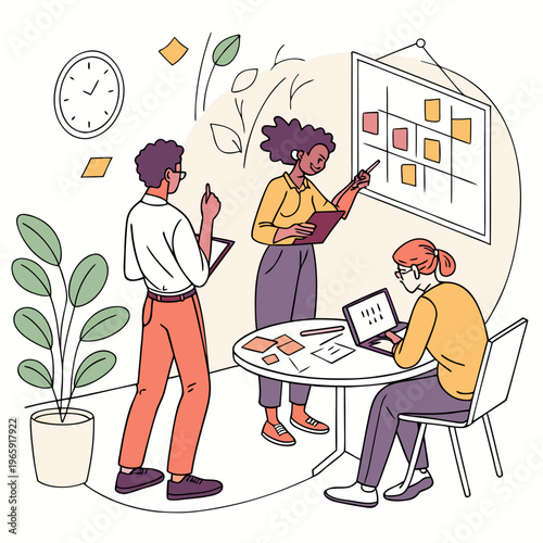 Diverse colleagues plan tasks on a wall board.