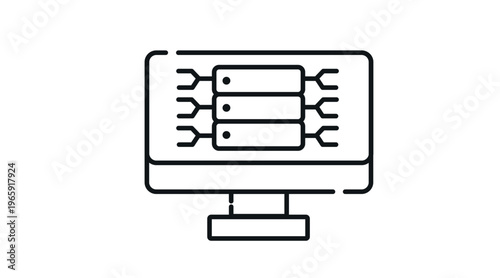 Desktop computer with server rack symbol on screen, black line vector icon
