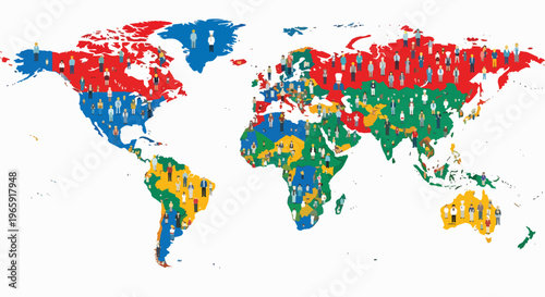 A colorful world map with a population density heatmap on a white background, illustrating global distribution on a specific day.