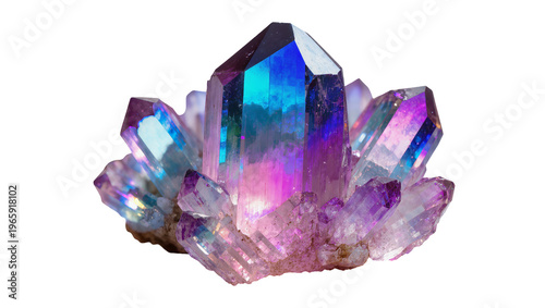 Canvastavla Vibrant iridescent aura quartz crystal cluster with faceted points shimmering bl