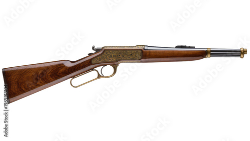 Ornate brass lever-action rifle walnut stock and blued steel barrel, isolated on transparent background
