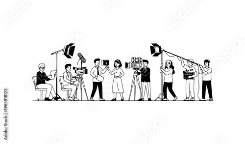 Film production behind the scenes with director camera crew and actors black and white flat vector cinema set