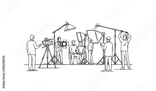 Movie set behind the scenes with camera lighting and crew black and white line art vector production concept