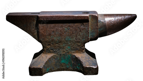 Foto Heavy aged rusty metal blacksmith s anvil with a flat work surface and pointed h