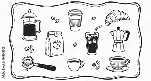 Coffee Delights: A collection of coffee and pastry elements, hand-drawn with intricate details, showcasing the essence of a cozy café or the art of brewing. 