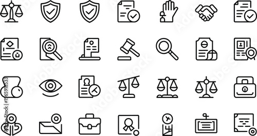 law, justice, icons set, 30 line style symbols, legal, business