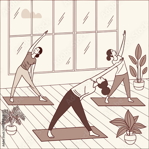 Figures perform side angle yoga poses in bright.