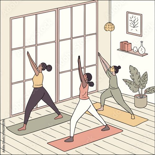 Three women practice triangle yoga pose indoors.