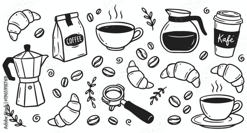 Artistic Coffee Delights: A hand-drawn collection of coffee essentials, from steaming cups to fresh beans, croissants, and brewing tools. Perfect for cafe menus and artistic branding.