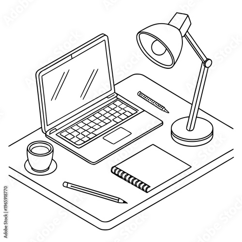 Detailed isometric workspace illustration showing laptop with visible keyboard keys notebook pencil desk lamp and coffee cup on minimalist work table