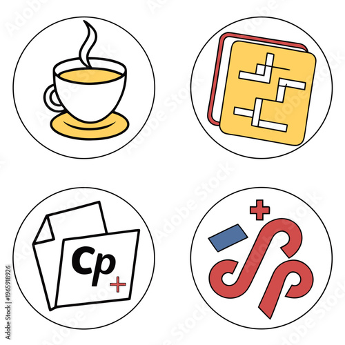 Set of computer language icons with coffee, chart, plus folder, and math symbols, representing software development concepts on white background