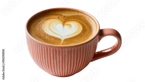 Fotografie Warm frothy cappuccino with delicate heart latte art in a ribbed pink ceramic mu