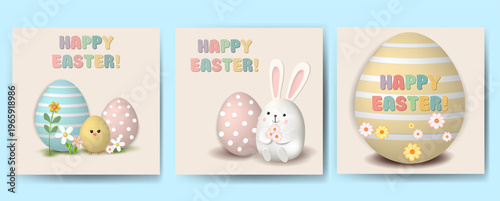 Set of cute Happy Easter greeting cards. Wonderful bunnies and other festive decorations

