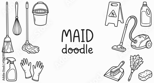Cleaning Tools Doodle: A collection of various cleaning tools are artfully arranged in this simple line art drawing.