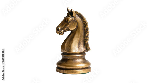 Polished bronze chess knight piece featuring a classic horse head design, isolated on transparent background for strategic game concepts