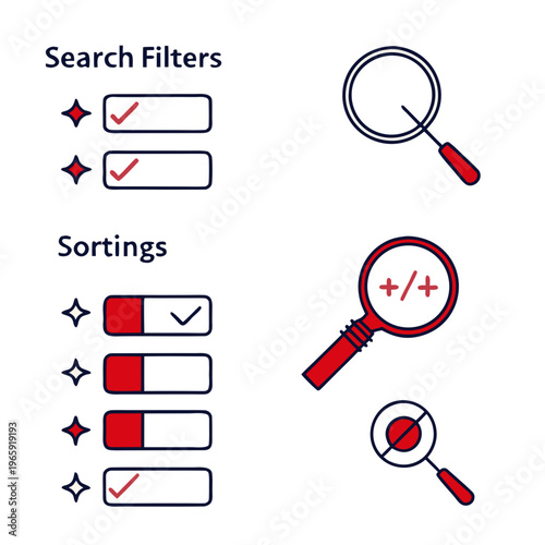 Search filters and sortings concept icon set, thin line style, linear signs. selection of items using search and sort filters
