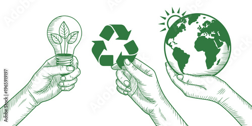 Hands presenting sustainability icons, plant-filled light, bulb, Earth, recycling, sunrise elements, eco-friendly concept illustration for Earth Day celebration, crafted in a detailed vector 