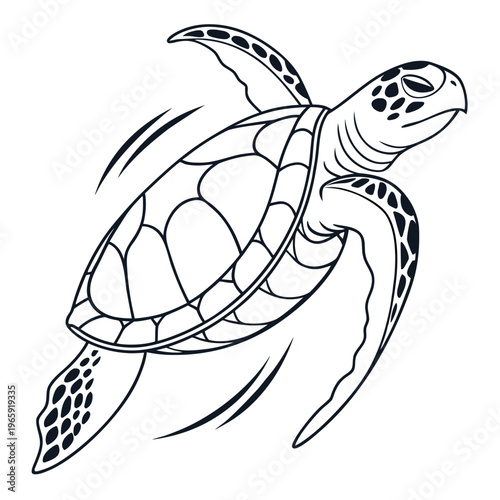 Sea turtle swimming gracefully with flippers in motion, marine reptile outline art for ocean conservation and wildlife designs