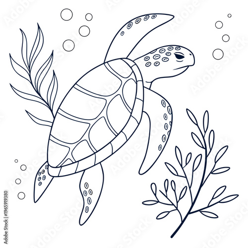Sea turtle swims near seaweed and bubbles in clear ocean water, cute marine animal, detailed underwater plant life, vibrant sea