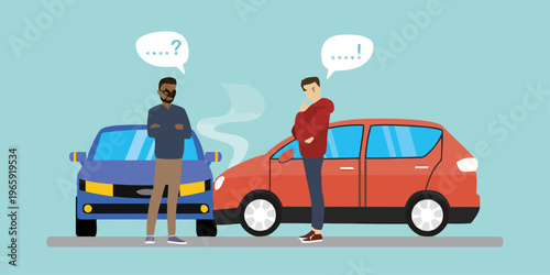 Two men inspect and discuss their crashed cars on the roadside