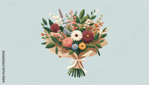 Colorful Bouquet of Flowers with Ribbon.