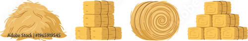 Hay Bale Collection Vector Illustration Featuring Straw Pile Square Bales Round Roll and Stacked Hay Blocks for Farming Agriculture and Rural Design Projects