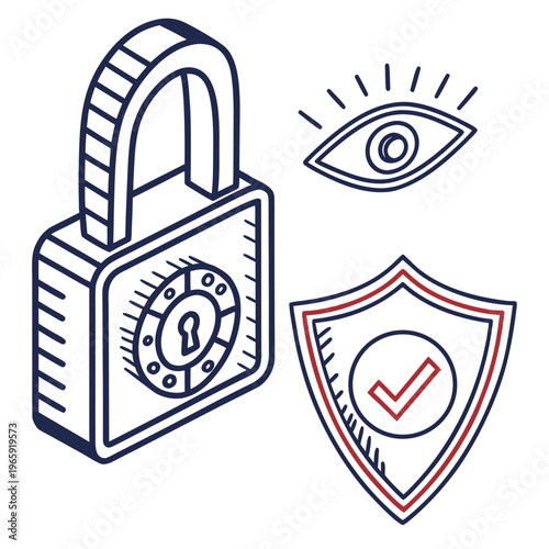 Isometric security padlock with combination dial and human eye icon plus protective shield including checkmark for data privacy safety technology