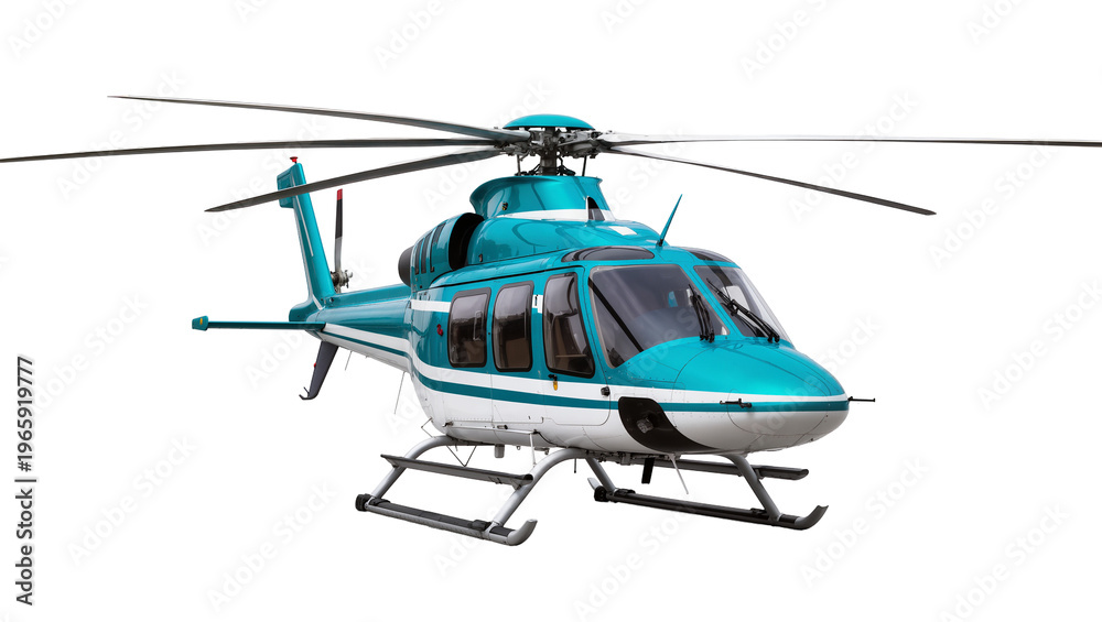 Fototapeta premium Teal and white modern passenger helicopter, isolated on transparent background