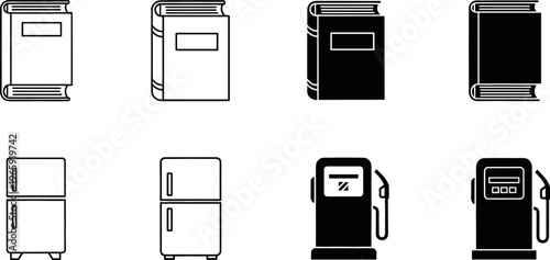 Book, Refrigerator, and Fuel Pump Icon Set for Reading, Household Storage, and Gas Station Services