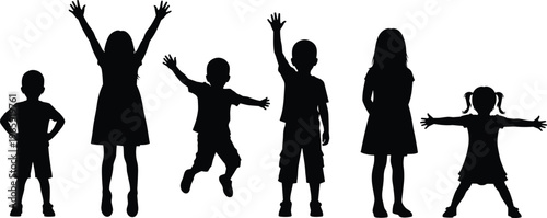 Children silhouettes collection kids playing jumping raising hands happy childhood activity black vector illustration isolated on white background set
