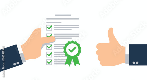 Vector illustration depicting a business checklist completion with approved tasks symbolized by green checkmarks and a prominent quality assurance certification ribbon award.