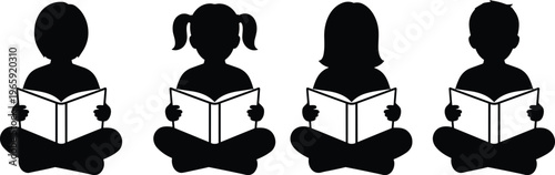 children, reading, book, silhouettes, kids, education, learning, study, boys, girls, childhood, literacy, school, knowledge, isolated, vector, illustration, collection, black, white