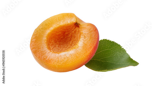Fotografía Sweet orange apricot half green leaf, isolated on transparent background