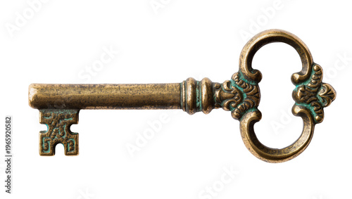 Tableau sur toile Ornate antique brass skeleton key with intricate green patina details, isolated