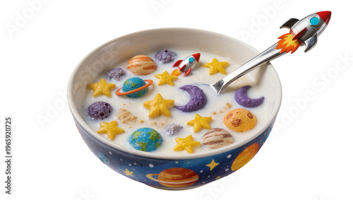 Colorful space-themed cereal pieces floating in white milk in a blue planet-decorated bowl with a rocket spoon, isolated on transparent background
