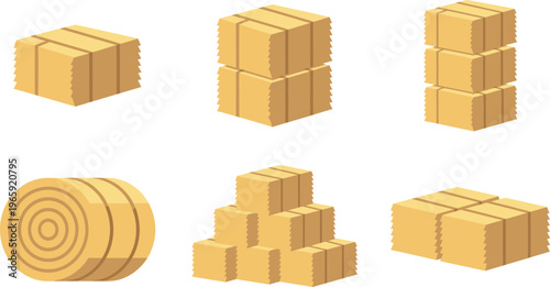 Hay Bale Set Vector Illustration with Square Bundles Round Straw Rolls and Stacked Agricultural Blocks for Farming Harvest and Rural Design Projects